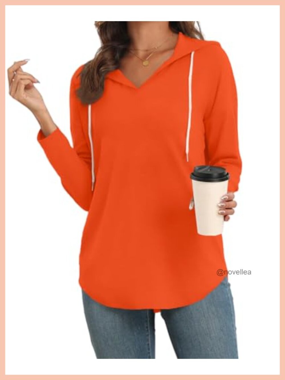 V Neck Long Sleeve Hooded Sweatshirt Lightweight Pullover Women